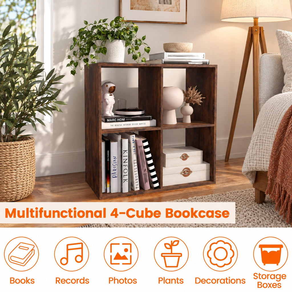 Airfind 4 Cube Bookshelf with Back Guardrail for Living Room Bedroom, 100 lbs Capacity, Engineered Wood Frame, 27.5 x 13 x 27.5 Footprint, Coffee