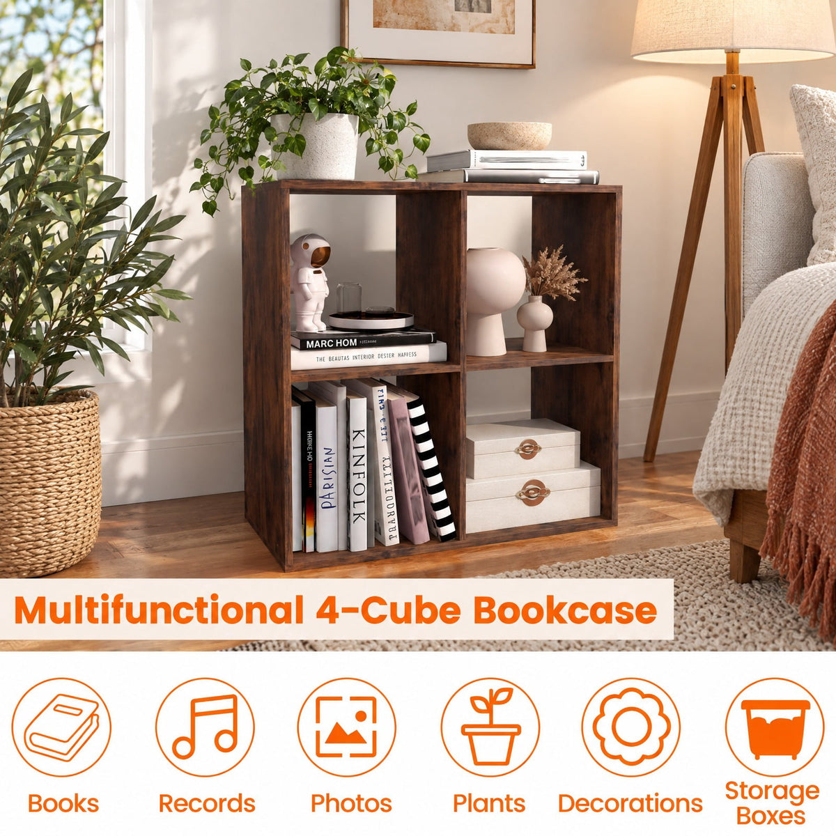 Airfind 4 Cube Bookshelf with Back Guardrail for Living Room Bedroom, 100 lbs Capacity, Engineered Wood Frame, 27.5 x 13 x 27.5 Footprint, Coffee