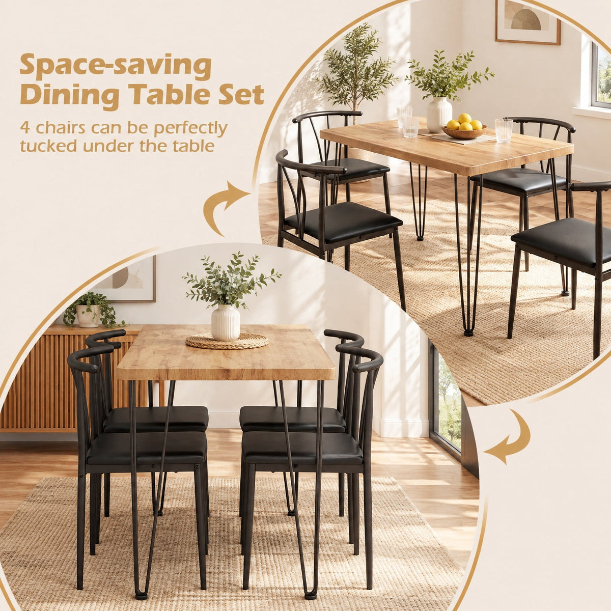 Airfind 5-Piece Space-saving Dining Table Set Industrial Rectangular Kitchen Table and 4 Armless Chairs, 220 lbs Capacity, Black
