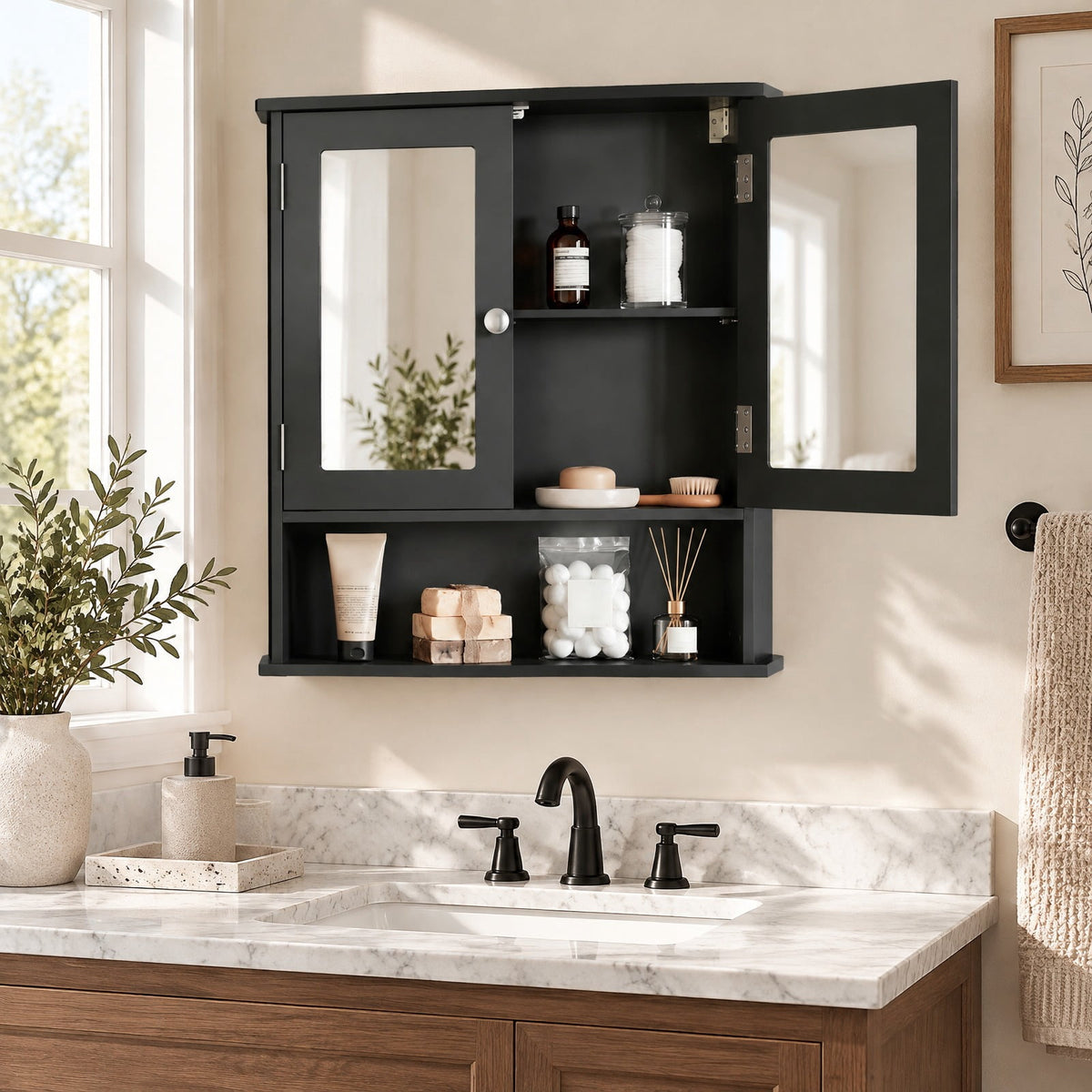 Airfind Double Door Wall-Mounted Bathroom Mirror Cabinet with Storage Shelf, 44 lbs Capacity, Engineered Wood Frame, 20in x 3.5in x 16in Footprint