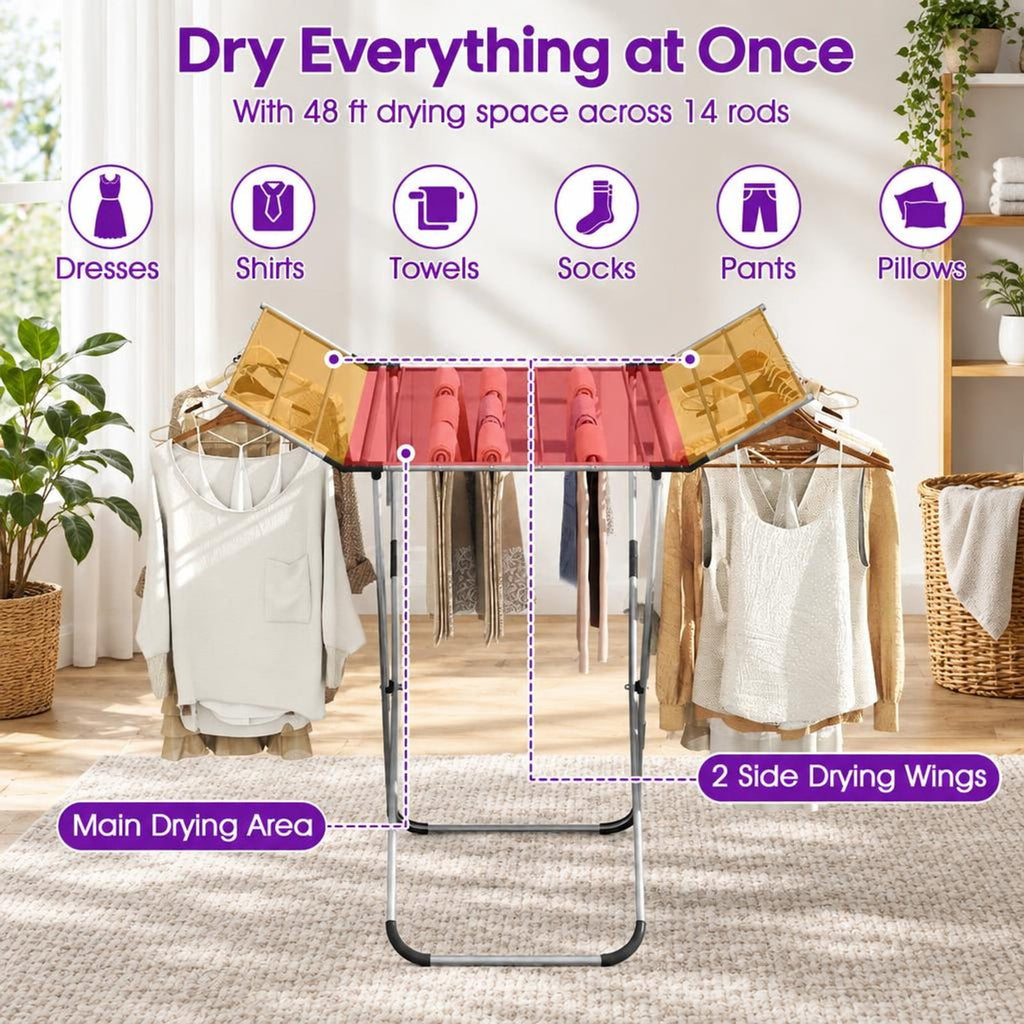 Airfind Folding Aluminum Clothes Drying Rack with 2 Side Wings, 26.5 lbs Capacity, Aluminum Plastic Frame, 41 x 37 x 41 Footprint, Silver