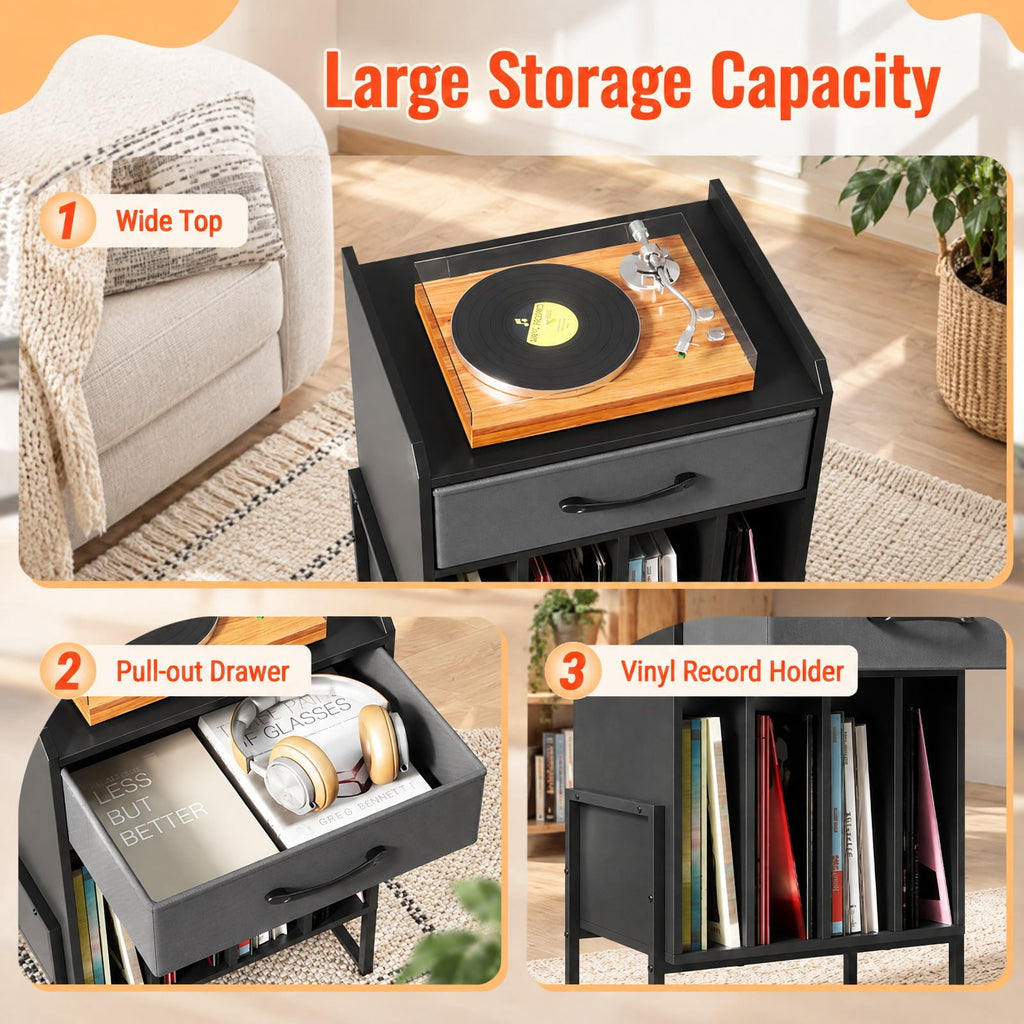 Airfind Record Player Stand with Drawer and Record Holder, 66 lbs Capacity, Engineered Wood MDF Metal Non-woven Fabric Frame, Black