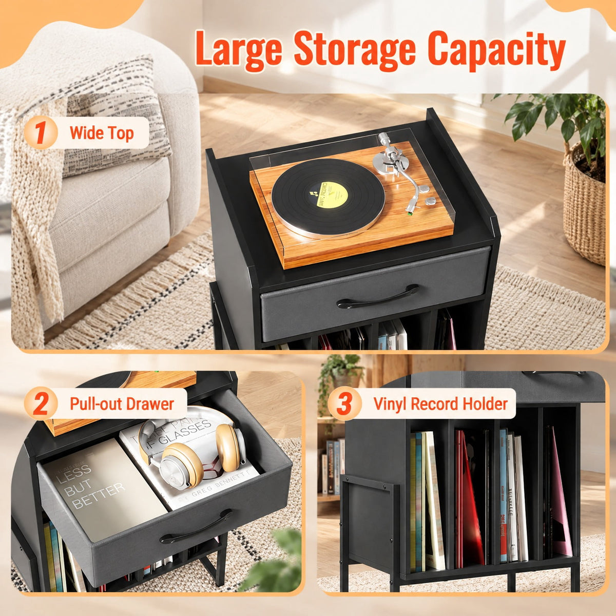 Airfind Record Player Stand with Drawer and Record Holder, 66 lbs Capacity, Engineered Wood MDF Metal Non-woven Fabric Frame, Black