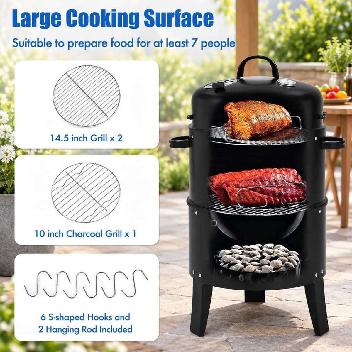 Airfind 3-in-1 Charcoal BBQ Grill Cambo with Built-in Thermometer, Steel porcelain enamel Frame, Charcoal