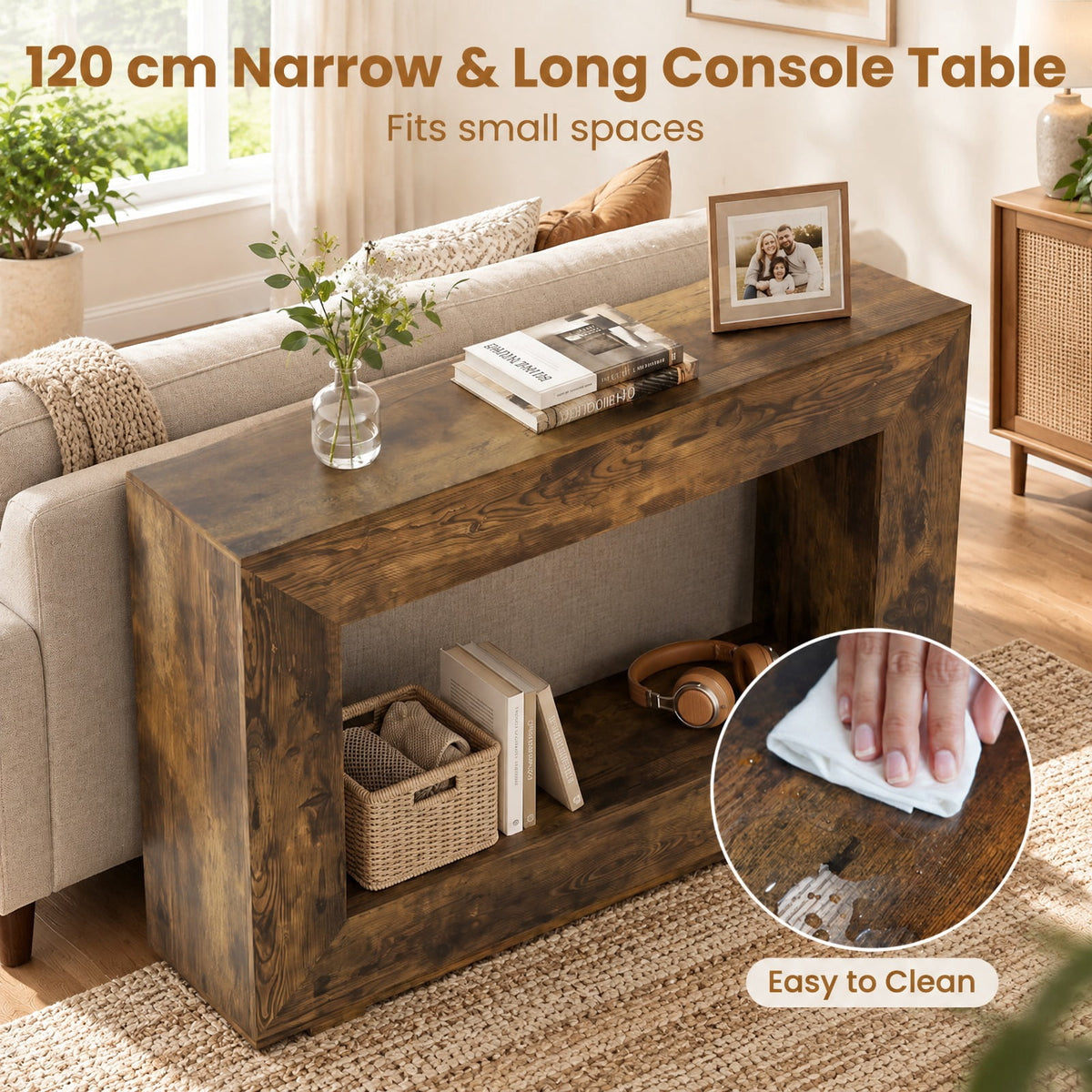 Airfind 47 Inch 2-Tier Farmhouse Console Table with Open Storage Shelf for Living Room, 47 Inch x 12 Inch x 33 Inch Middle Footprint, Brown