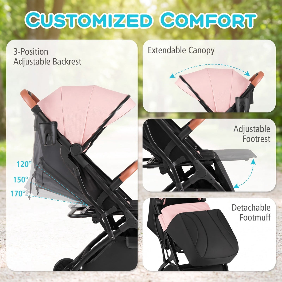 Airfind Lightweight Baby Stroller Compact Travel Stroller with One-Hand Folding, 33 lbs Capacity, Aluminum Frame, for 0-3 years old, Pink