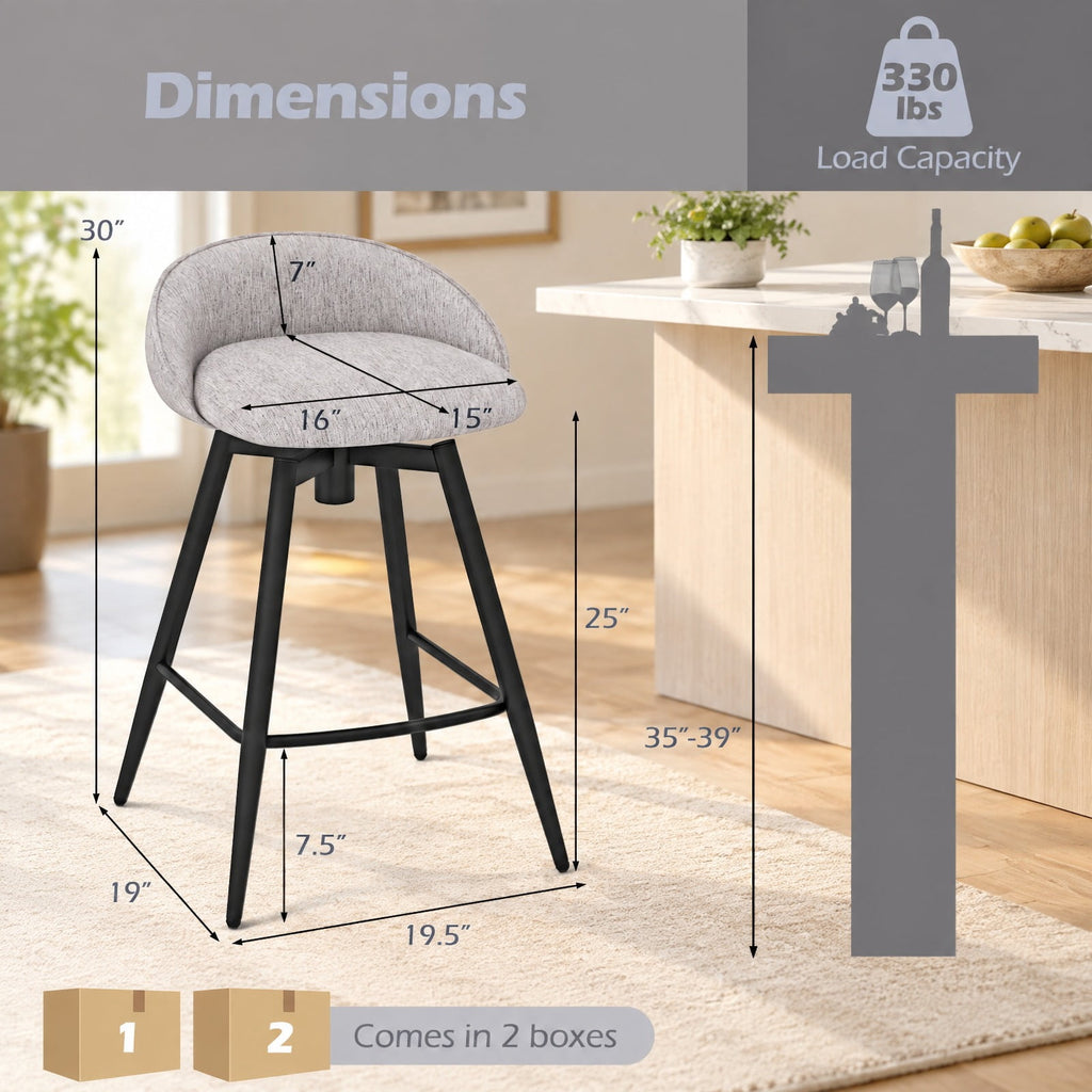 Airfind Upholstered Bar Stools Set of 2 with Footrest and Backrest, 330 lbs Capacity, Metal Linen Fabric Sponge Frame, Gray