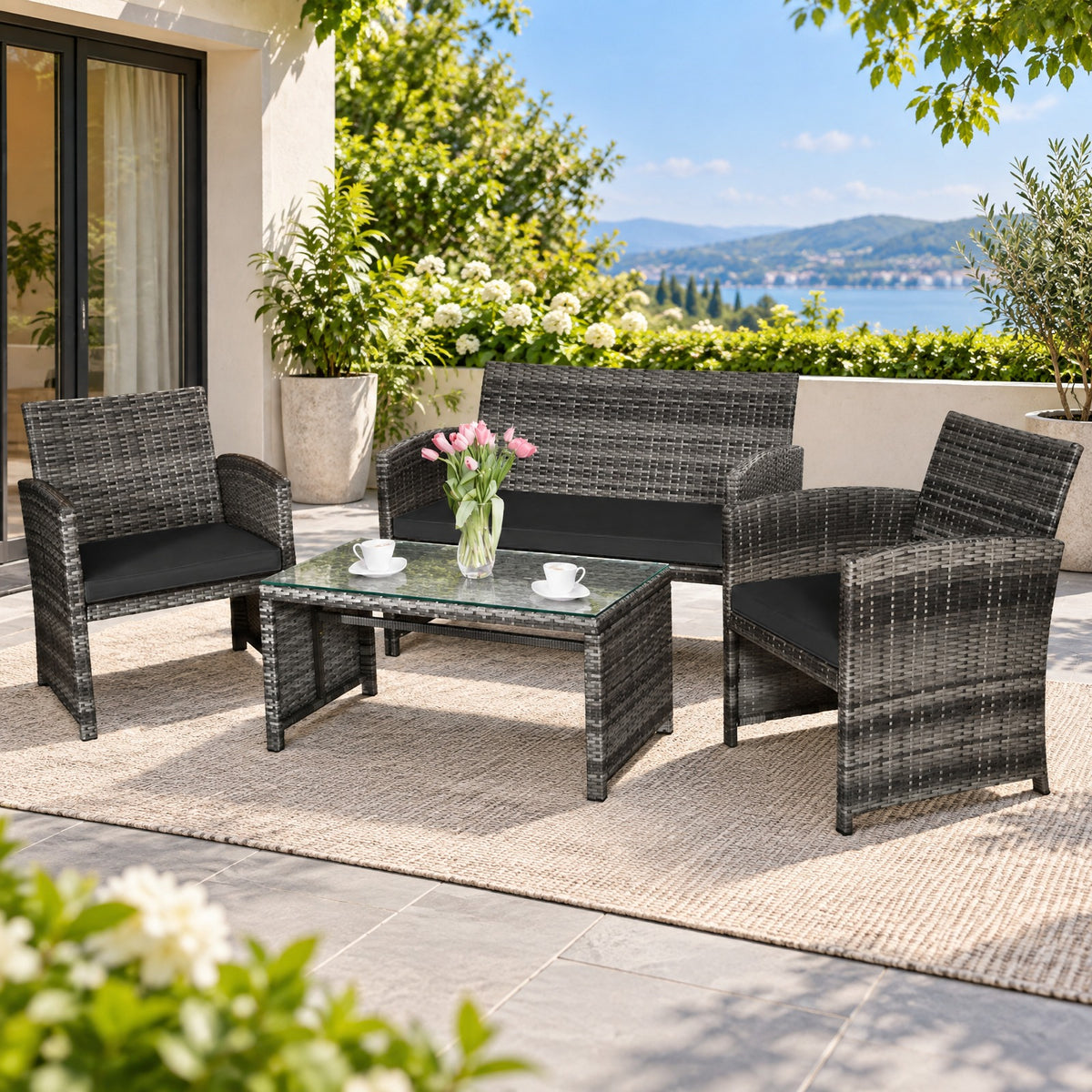 Airfind 4 Pieces Patio Rattan Furniture Set with Glass Table and Loveseat, PE Rattan Polyester Fiber Steel Sponge Single Sofa Frame, Black