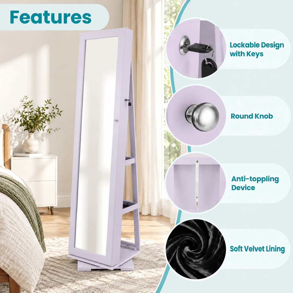 Airfind 360° Rotatable 2-in-1 Lockable Jewelry Cabinet with Full-Length Mirror, P2 MDF Frame, 15 Inch x 15 Inch x 63.5 Inch (L x W x H) External Footprint