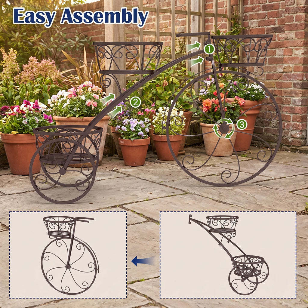 Airfind Tricycle Plant Stand Flower Pot Cart Holder with 3 Hollowed Baskets, Basket 11 LBS Capacity, Metal Frame, 33 x 10 x 20 Footprint, Bronze