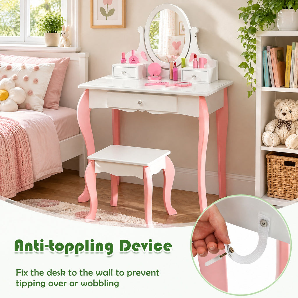 Airfind Kids Vanity Princess Makeup Dressing Table Stool Set with Mirror and Drawer, 44 lbs Capacity, MDF Frame, White