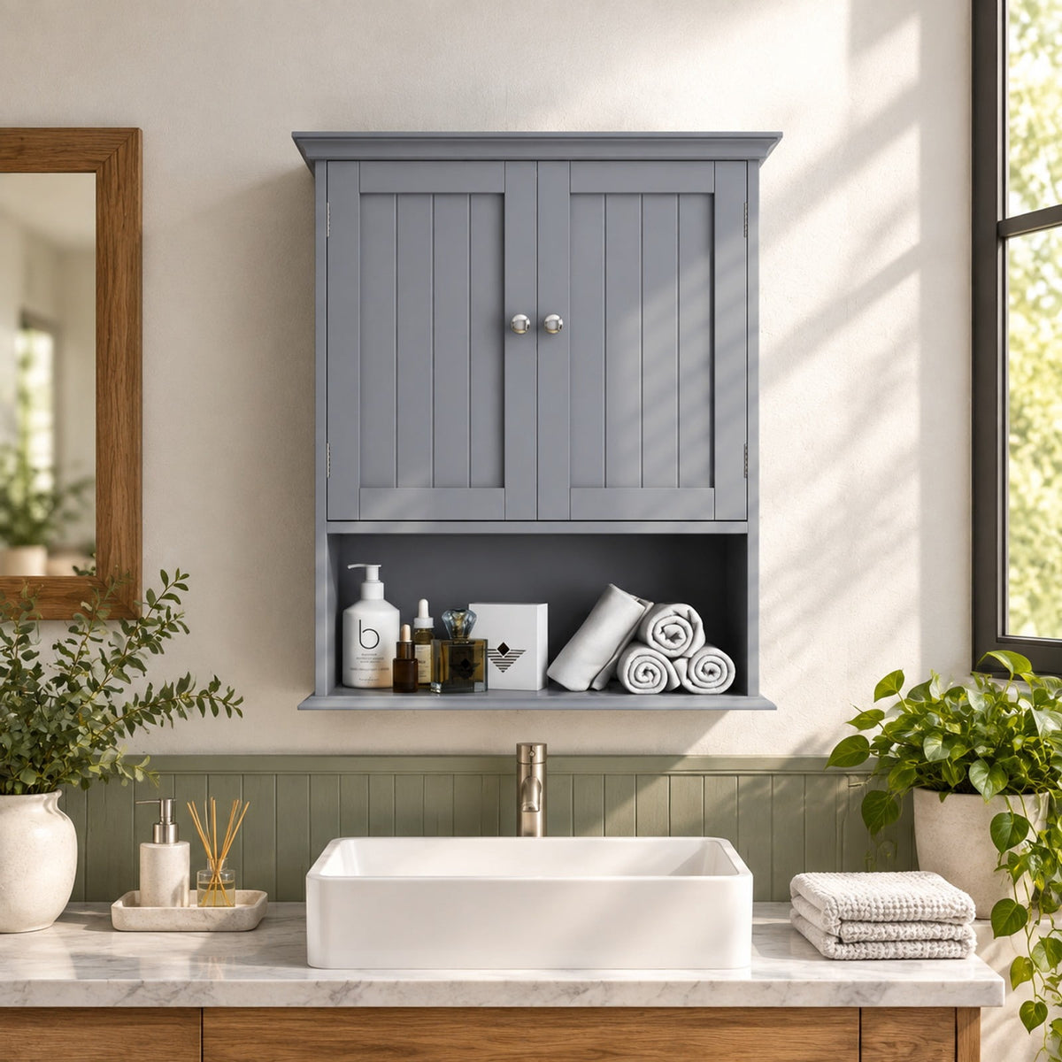 Airfind Wall Mount Bathroom Cabinet, Storage Organizer with Doors and Shelves, MDF Metal Frame, Overall dimension 23.5 Inch x 7.5 Inch x 28 Inch, Gray