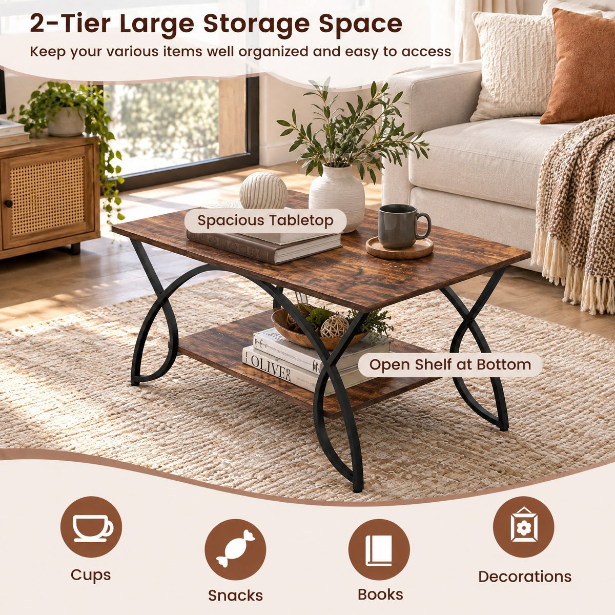 Airfind 2-Tier wood grain Coffee Table with wood grain top and Metal Frame, 110 lbs Capacity, Engineered wood steel Frame, Coffee