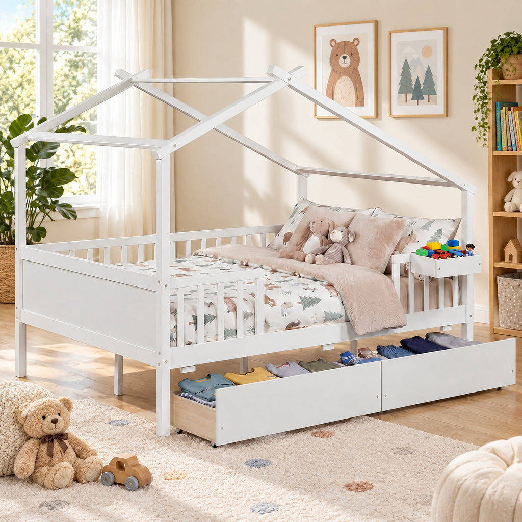 Airfind Full Size House Bed with Roof and Fence Rails for Kid, 550 lbs Capacity, Pine Wood Plywood MDF Engineered Wood Frame, Natural