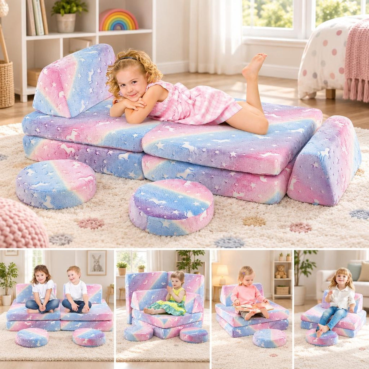 Airfind Play Couch Set, Modular Youth, Glow in the Dark with Portable Handles, Flannel Fabric Sponge Frame, for 3+ Years Old, Natural