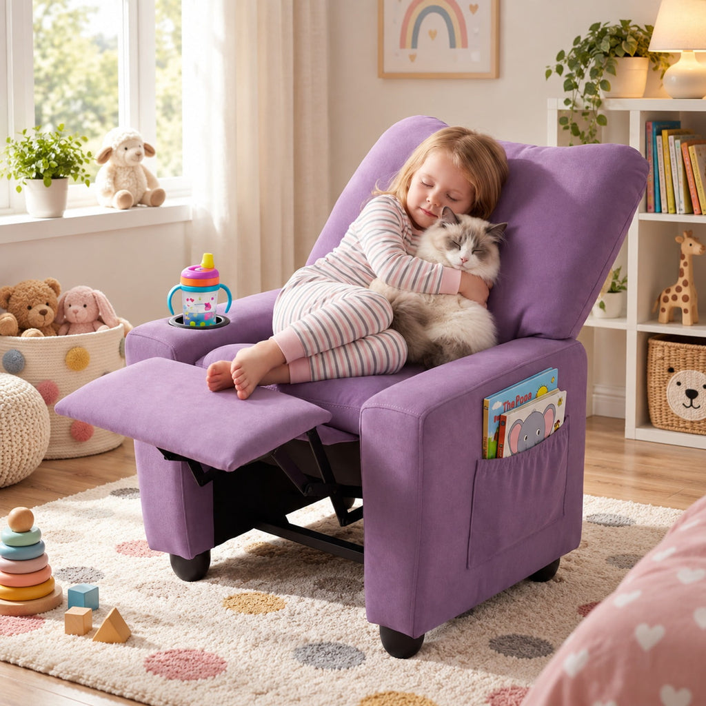 Airfind Kids Recliner Toddler Single Sofa with Adjustable Footrest and Cup Holder, 150 lbs Capacity, Wood Metal Sponge Chenille Fabric Frame, Purple