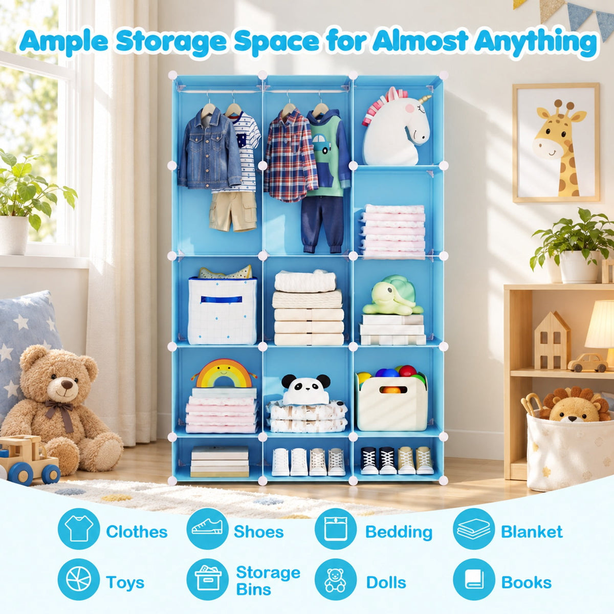 Airfind Modular Baby Wardrobe with 13 Cubes and Hanging Rod and Shelves Stackable, 6.5 lbs Capacity, PP Frame, 43 x 14 x 63 Footprint, Blue