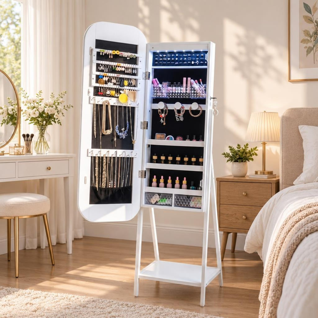 Airfind Jewelry Cabinet with Full-Length Mirror Large Storage Capacity, Engineered Wood Frame, 16.5 x 14.5 x 59 Footprint, White