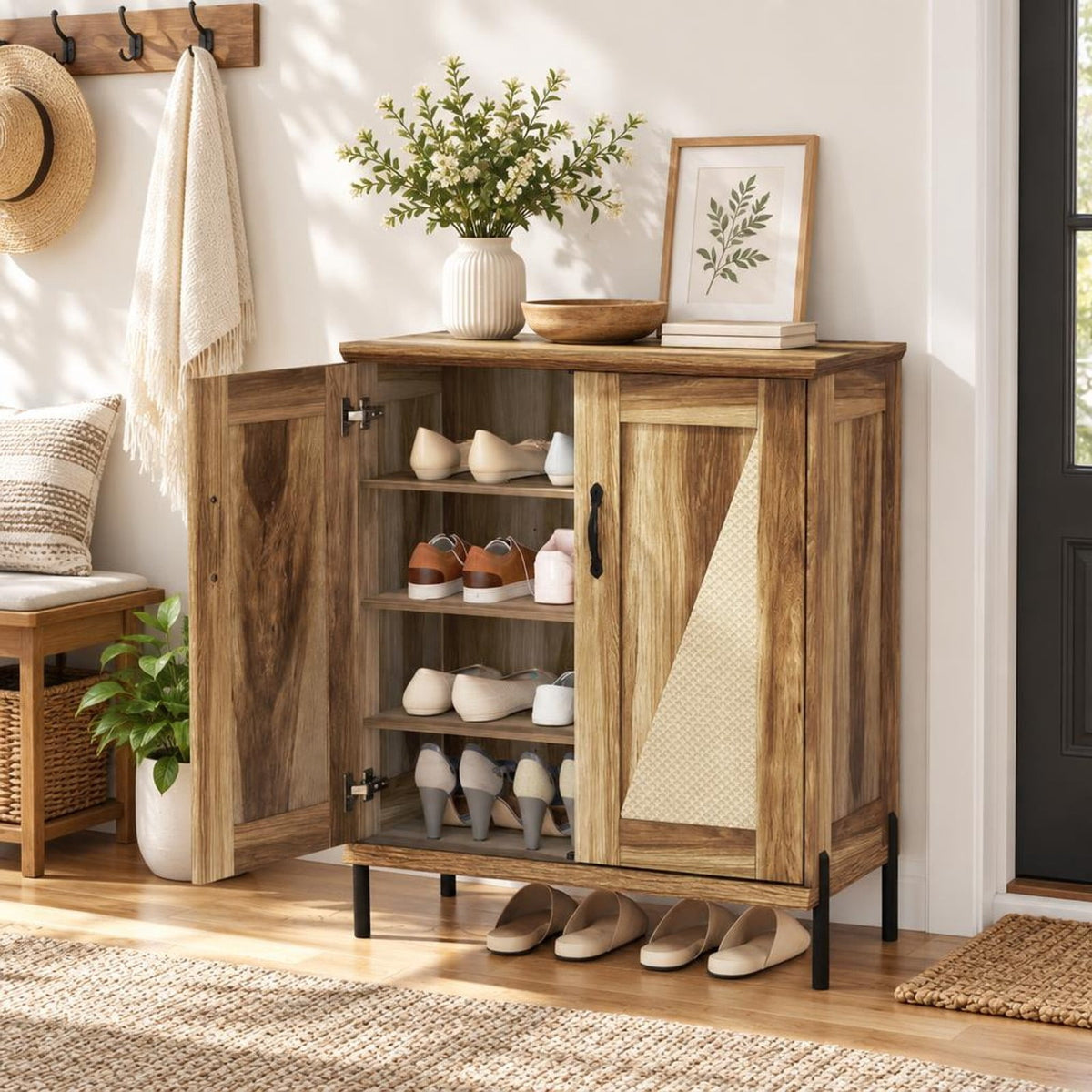 Airfind 5-Tier Wooden Farmhouse Shoe Cabinet with Woven Rattan Doors, 110 lbs Capacity, Engineered Wood MDF Metal PVC Frame, Natural