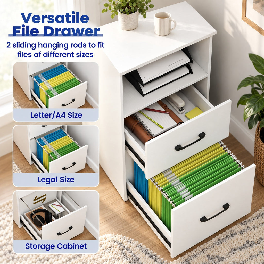Airfind Modern Computer Desk with Power Outlets and File Drawer, 135 lbs Capacity, Engineered Wood Metal Frame, 48 Inch x 20 Inch x 35 Inch Footprint, White