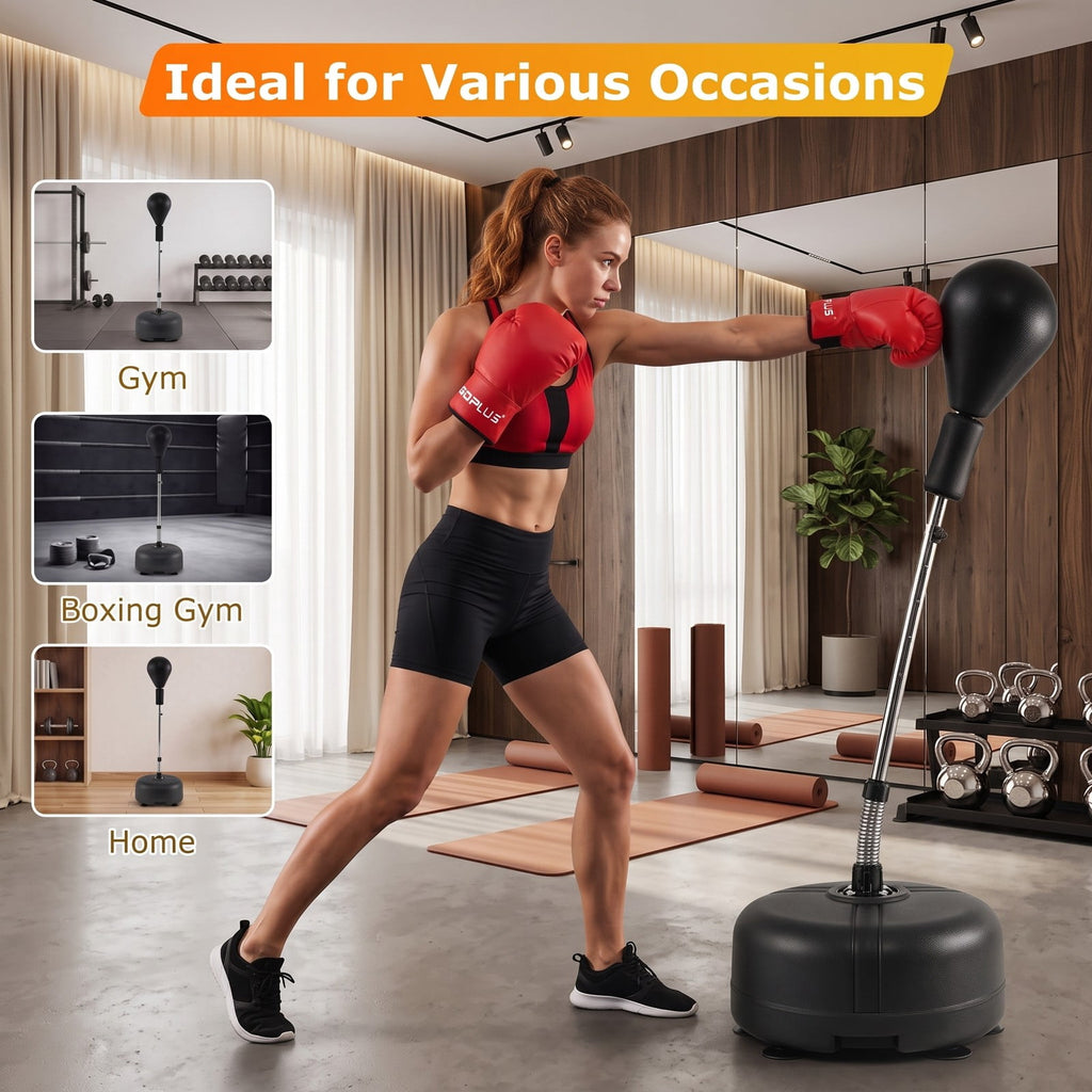 Airfind Height Adjustable Punching Bag with Stand for Teens and Adults, Freestanding Reflex Boxing Bag with Weighted Fillable Base, Gloves and Spring Ball for, Black