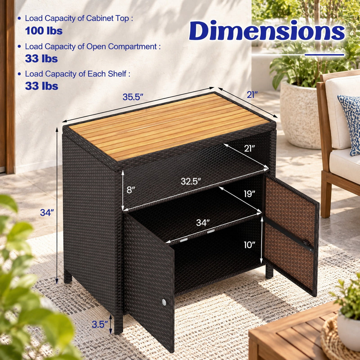 Airfind Rattan Storage Cabinet with Acacia Wood Countertop for Poolside Deck and Patio, 100 lbs Capacity, PE Rattan Acacia Wood Metal Frame, Brown