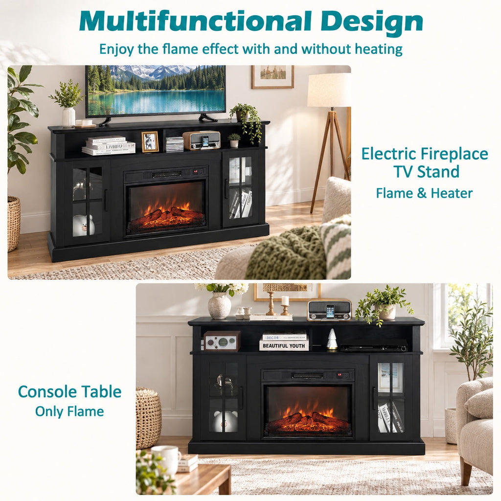 Airfind Fireplace TV Stand for TVs Up to 65 Inch with Side Cabinets and Remote Control, 66 lbs Capacity, Engineered wood Frame, Black
