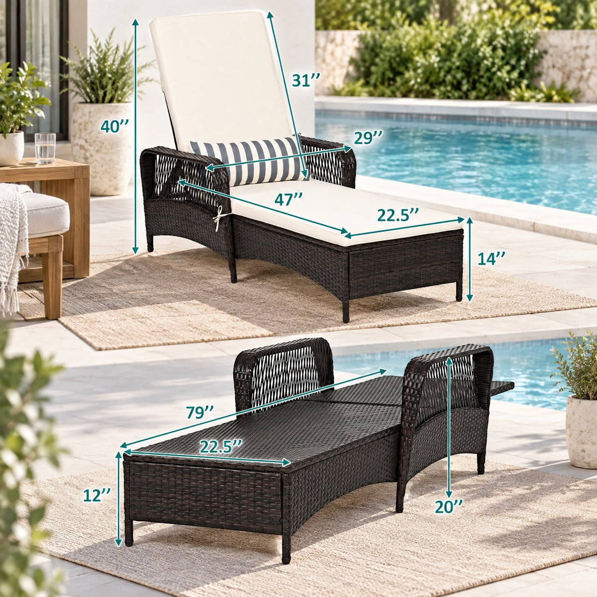 Airfind PE Rattan Chaise Lounge Chair Arm Chair Recliner Adjustable with Pillow, 400 lbs Capacity, Steel PE wicker rattan fabric foam Frame