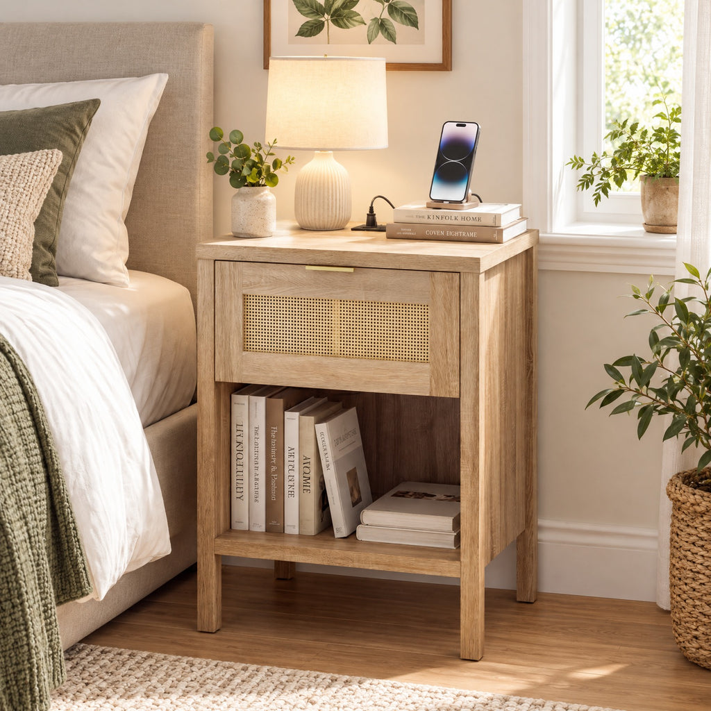 Airfind Rattan Nightstand with Charging Station and Storage Shelf for Bedroom, 88 lbs Capacity, Engineered Wood PVC Rattan Metal Frame, Oak