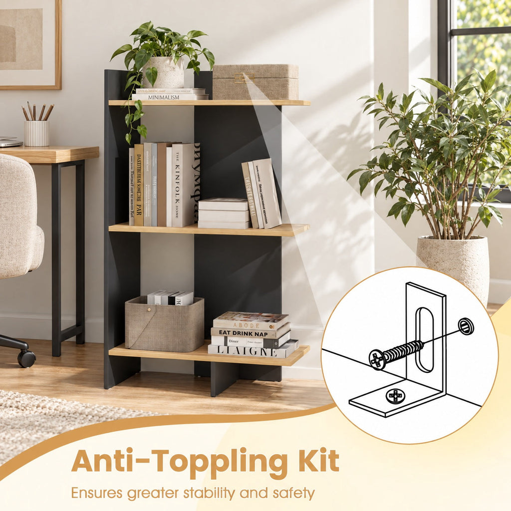 Airfind 3 Tier Wooden Bookshelf with Anti-Tipping Kit, 66 lbs Capacity, Engineered Board Frame, 23.5 x 11.5 x 39.5 Footprint, Oak