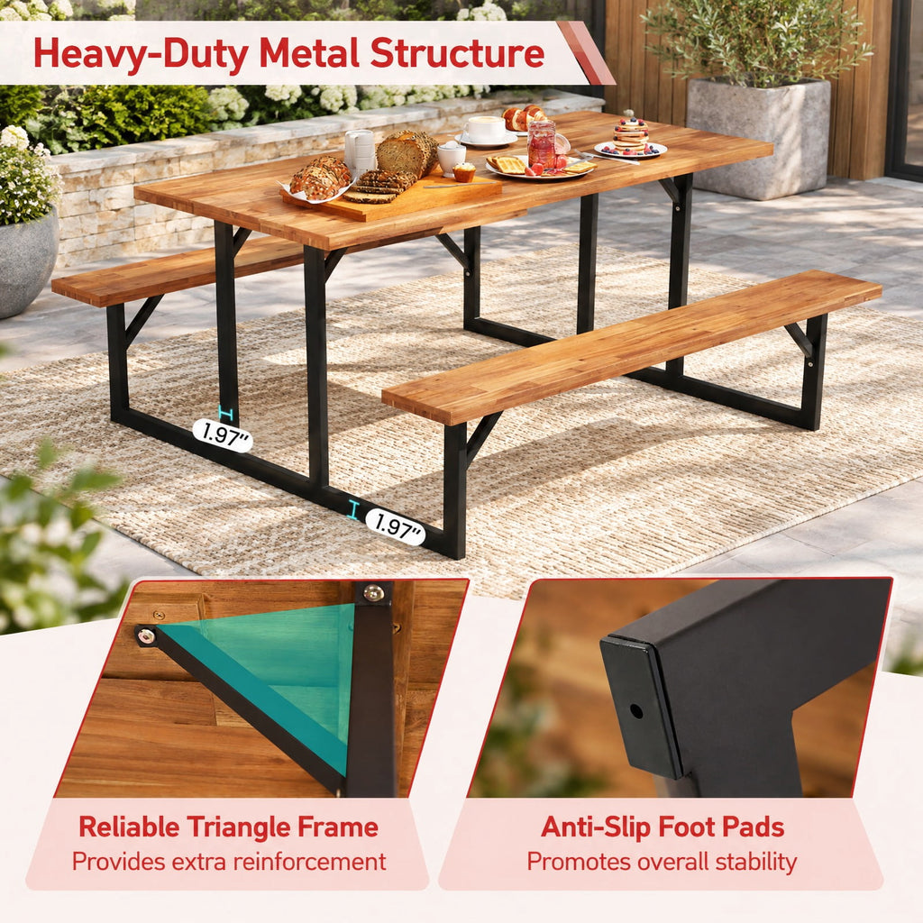 Airfind 6-Person Acacia Wood Picnic Table with 2 Built, of Tabletop 330 lbs Capacity, Acacia Wood Metal Frame, 63 x 61.5 x 29 Footprint, Wood