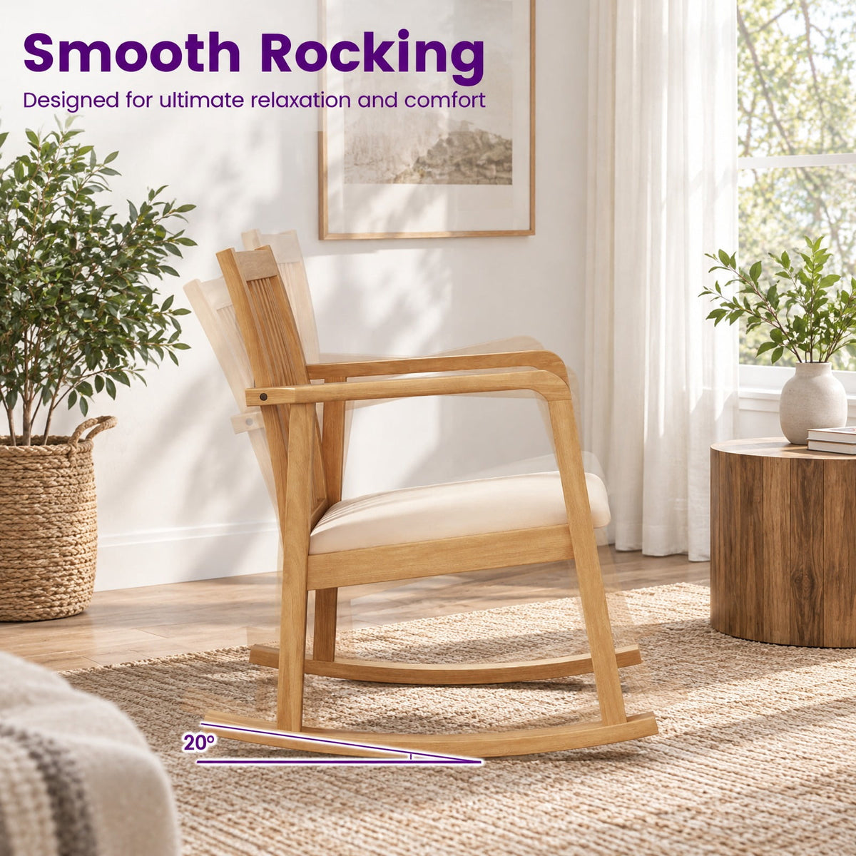 Airfind Rocking Chair with Slatted Back and Curved Armrests, 400 lbs Capacity, Rubber Wood Linen Fabric Sponge MDF Frame, 28 x 24 x 31 Footprint