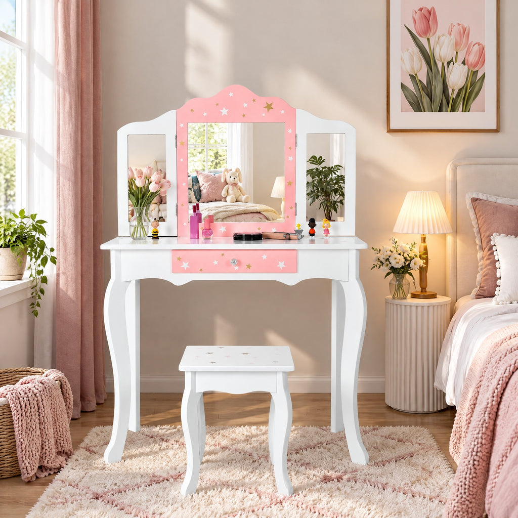 Airfind Kids Princess Vanity Table and Stool Set with Tri-folding Mirror and Drawer, 44 lbs Capacity, MDF Frame, White