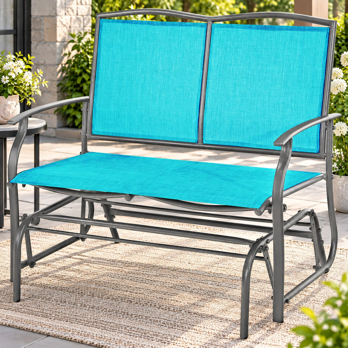 Airfind Iron Patio Glider Loveseat for Outdoor Backyard, 396 lbs Capacity, Steel and textilene Frame, 41.3 x 28.1 x 36.6 Footprint, Turquoise