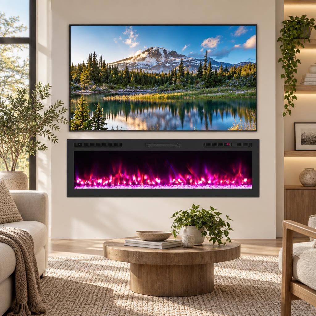 Airfind Smart WiFi Electric Fireplace Wall Mounted and Recessed 750W/1500W Heater-60 Inch, Black, Power Cord 5 ft Net Weight-36in 29.5 lbs