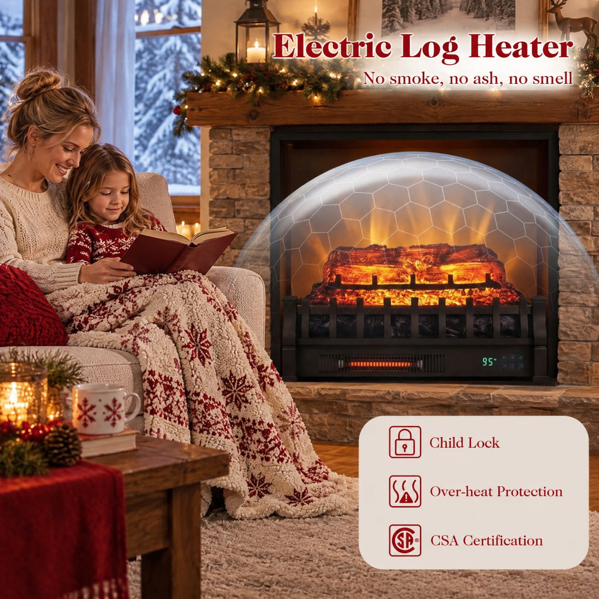 Airfind 23in WiFi Fireplace Insert Pinewood Set with App and Remote, Metal Resin Frame, 23in x 8.9in x 12.6in Cord Length 5.8 ft Footprint, Black