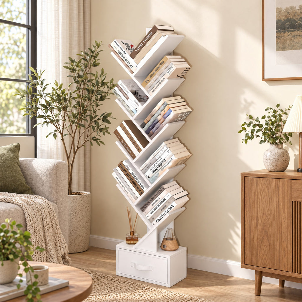 Airfind 10-Tier Bookshelf with Drawer Free-standing Storage Bookcase, 26.5 lbs Capacity, 13 x 7 x 5.5 (L x W x H)Overall Footprint, White