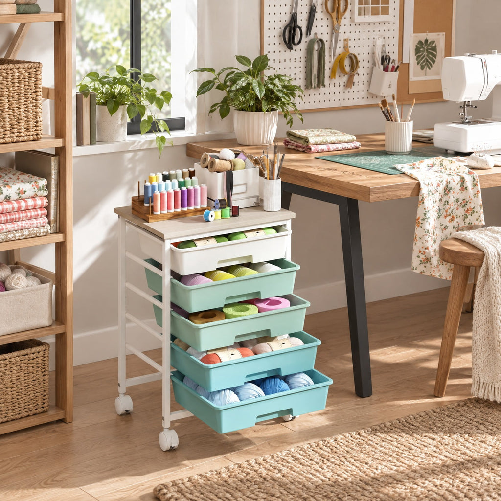 Airfind 5-Drawer Rolling Cart with Wooden Tabletop and Metal for Craft Room, 33 lbs Capacity, Metal PP Engineered Wood, Green