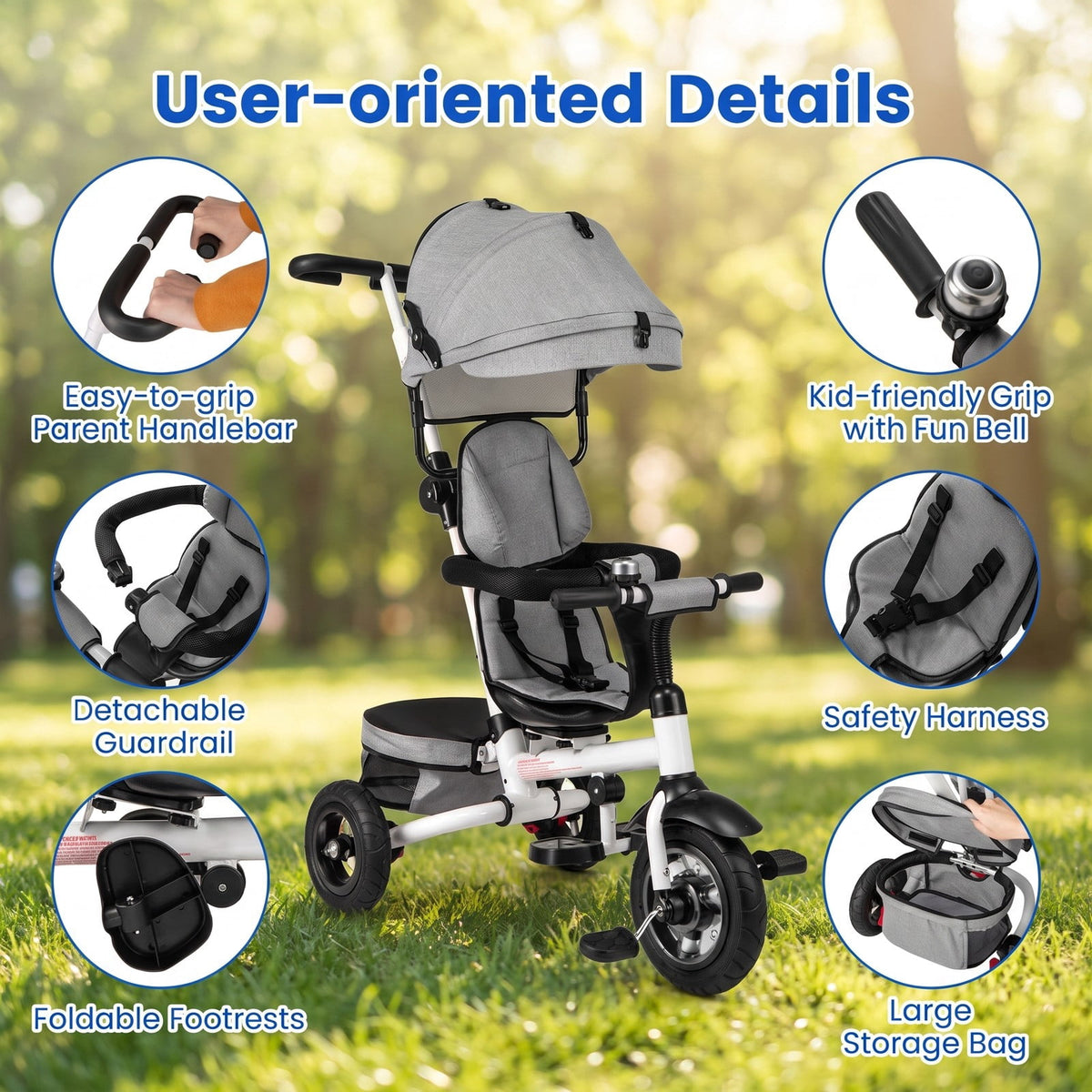 Airfind Folding Tricycle Baby Stroller with Reversible Seat and Adjustable Canopy, 55 lbs Capacity, Metal PP Linen Fabric Rubber Frame, Gray