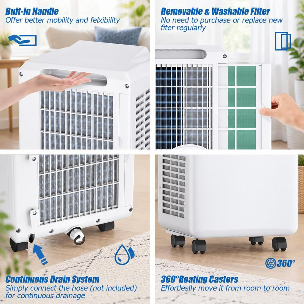 Airfind 9000 BTU Portable Air Conditioner with Built, 12 Inch x 13 Inch x 30 Inch (W x D x H) Product weight: 54.5 lbs Footprint, Black + white Cooling