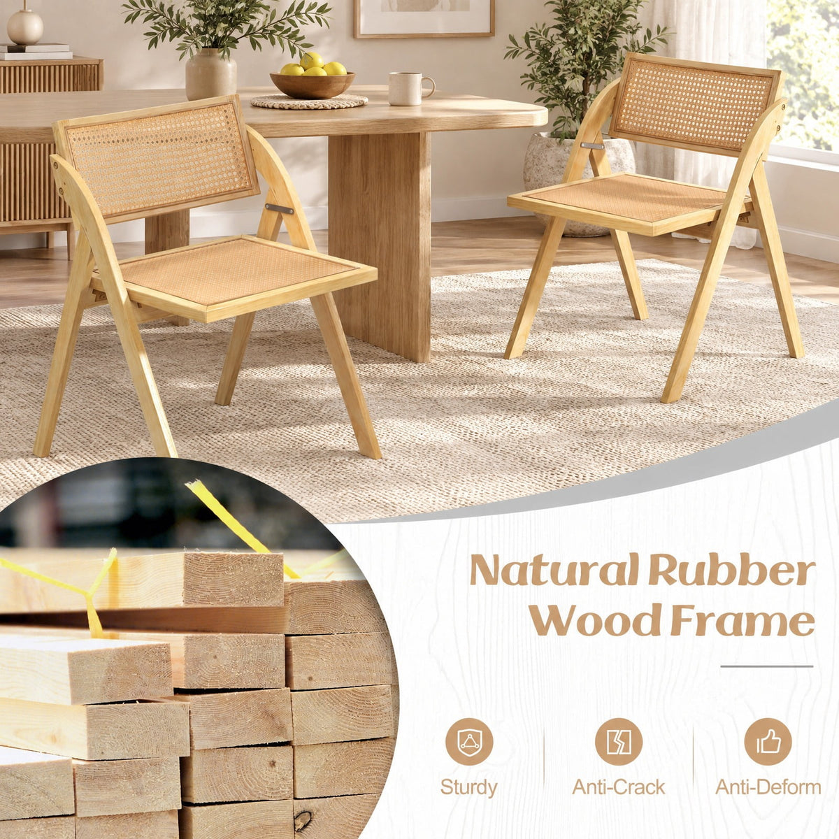 Airfind Foldable Dining Chairs Set of 2 with Woven Rattan Backrest, 400 lbs Capacity, Rubber Wood Plywood Plastic Frame, 23 Inch x 21 Inch x 29.5 Inch Footprint