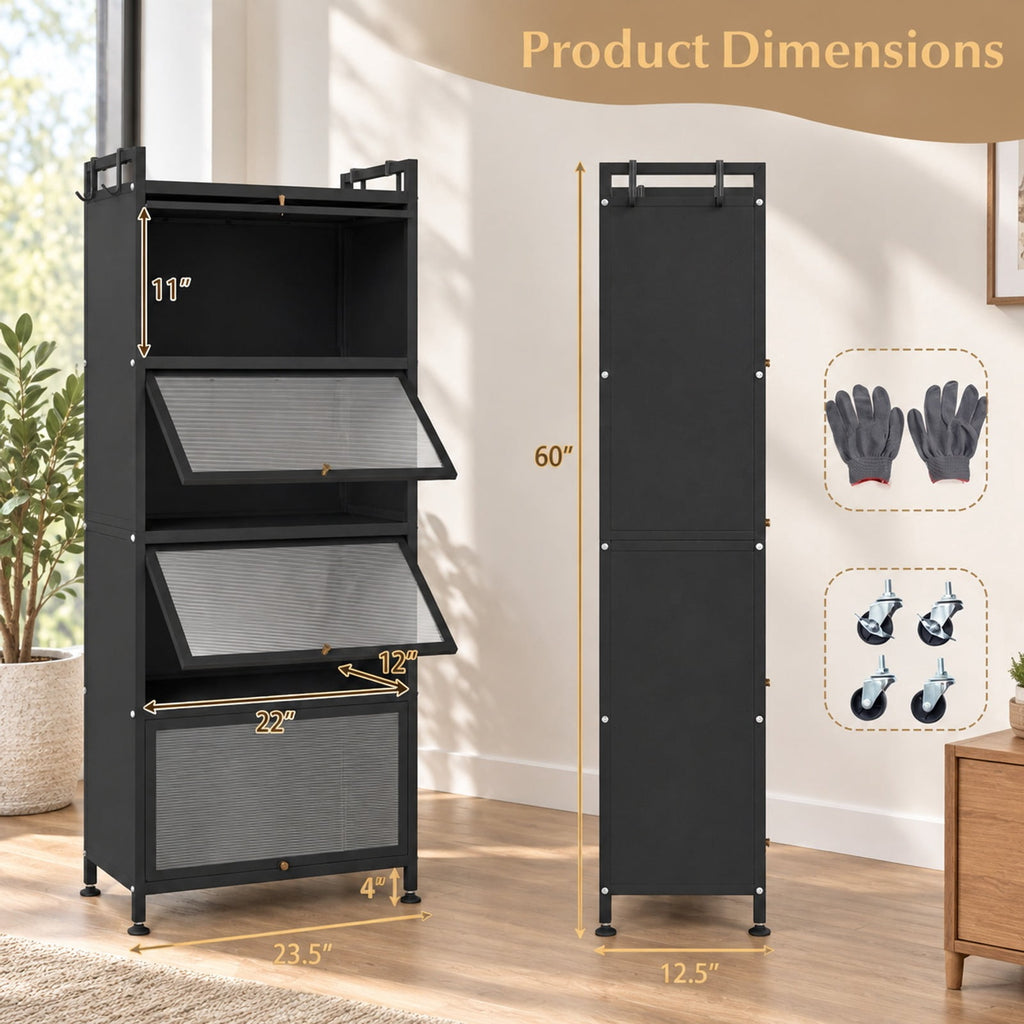 Airfind 5-Tier Kitchen Bakers Rack with Flip-up PC Doors, tier 33 lbs Capacity, Metal PC PP Gray Frame, 23.5 x 12.5 x 60.5 Footprint, Black
