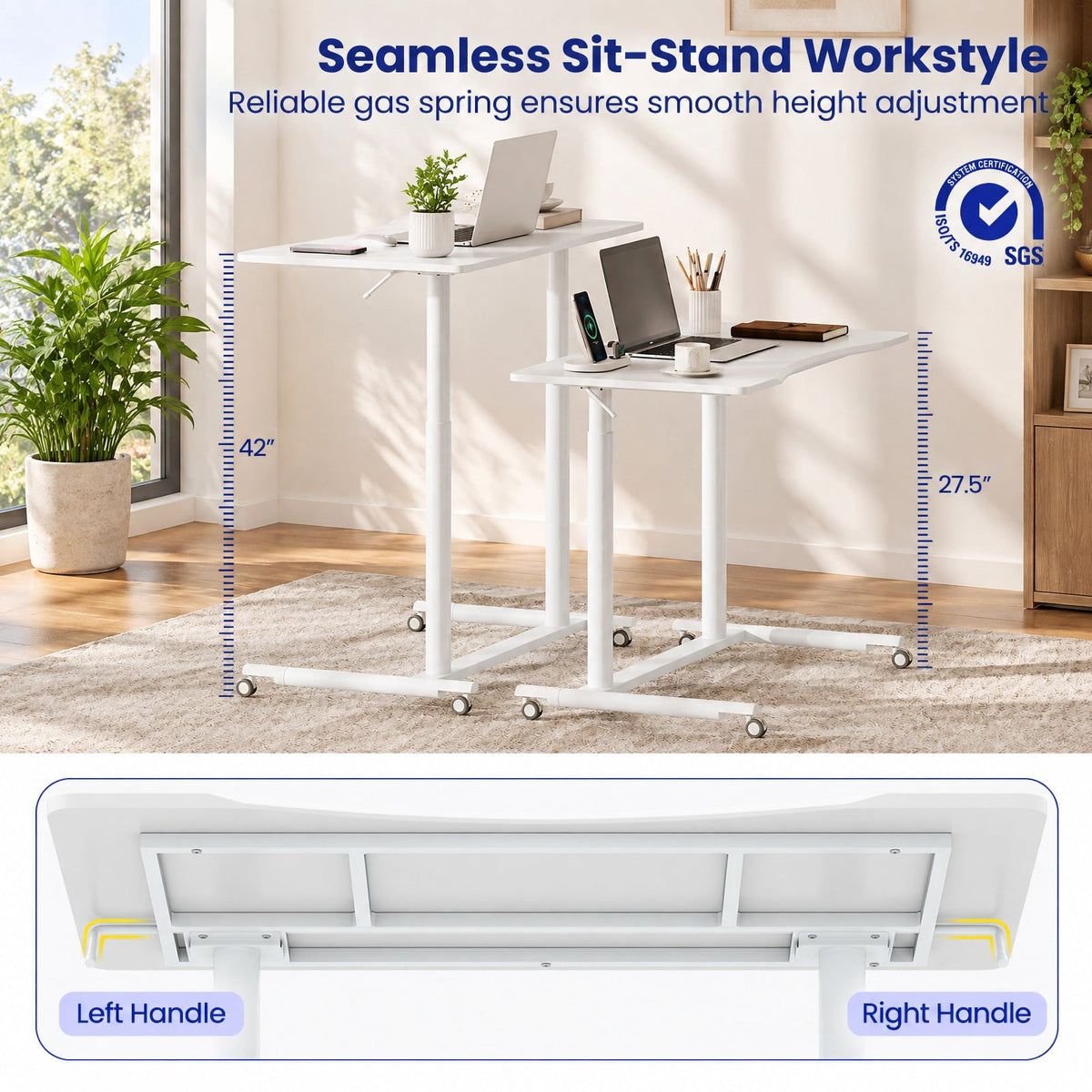 Airfind Height Adjustable Computer Desk Sit to Stand Rolling Table, MDF Frame, 37.5 x 21.5 x 27.5-42 Footprint, White
