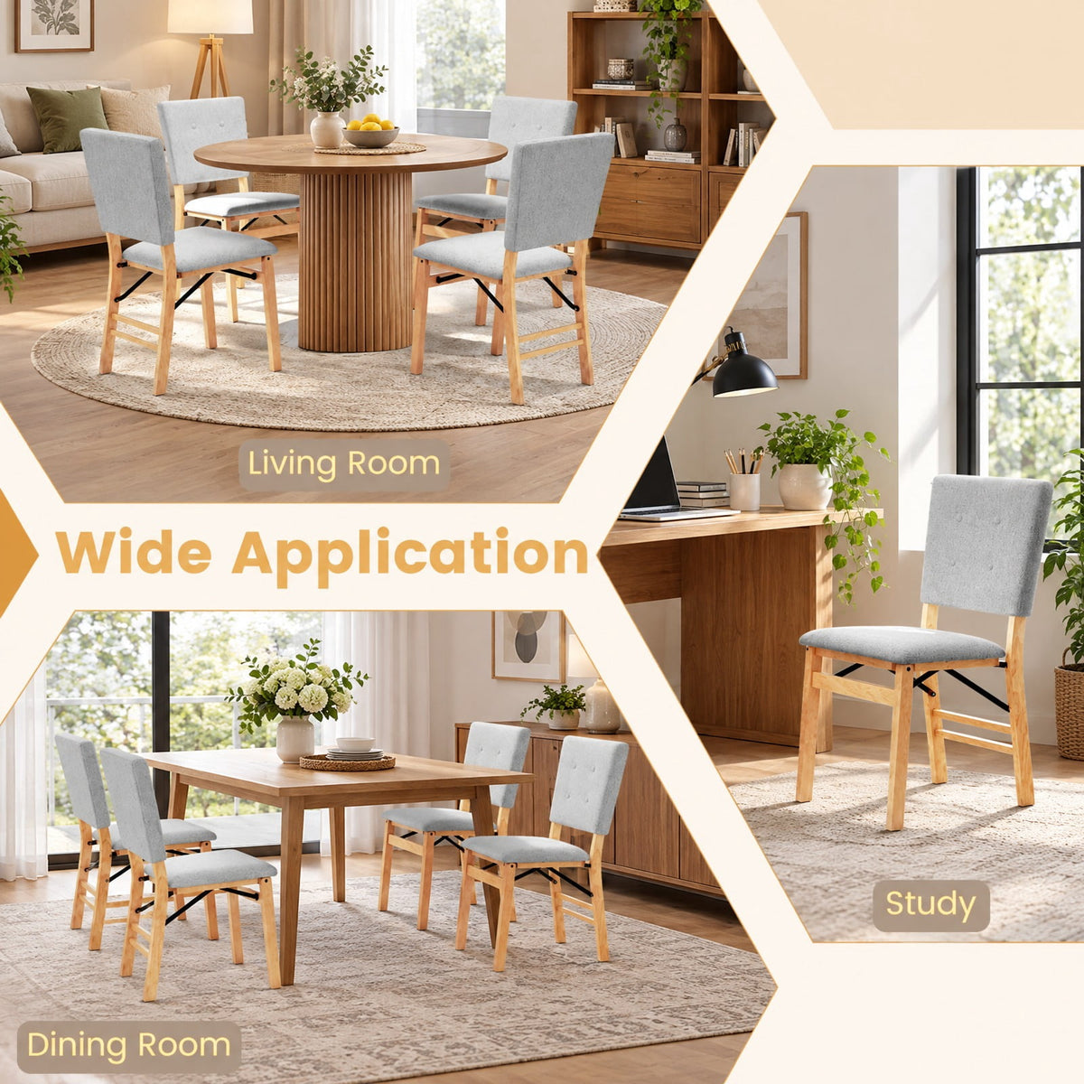 Airfind Foldable Dining Chair Set of 2 Armless Kitchen Chair with Padded Seat and Tilt Backrest, Rubber Wood MDF Sponge Linen Fabric Frame, Gray