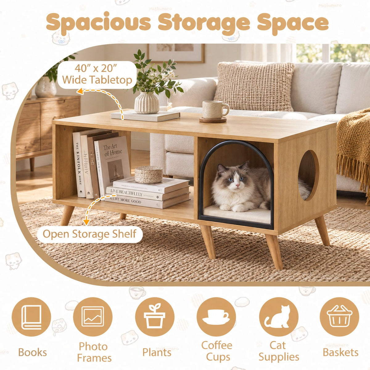 Airfind 40 Inch Coffee Table Cat House 2-in-1 Wooden Kitten Furniture with Open Storage Shelf, 88 lbs Capacity, 40 x 20 x 18 Footprint, Natural