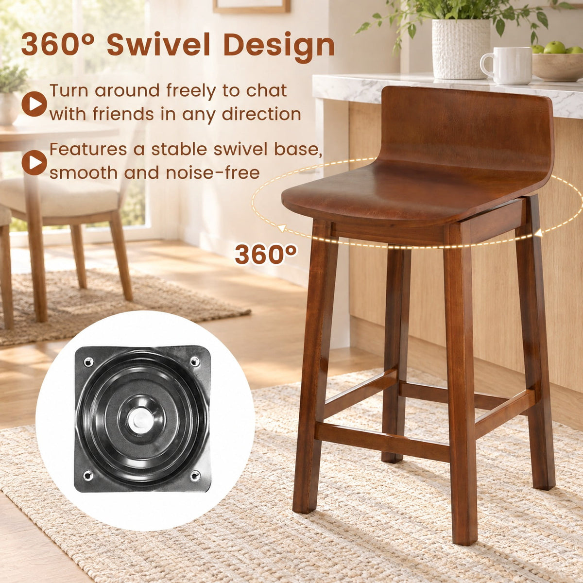 Airfind 24.5 Inch Swivel Wooden, Bar Stools Set of 2 with Rubber Wood Legs and Low Back, 350 lbs Capacity, Rubber Wood Plywood Frame, Walnut