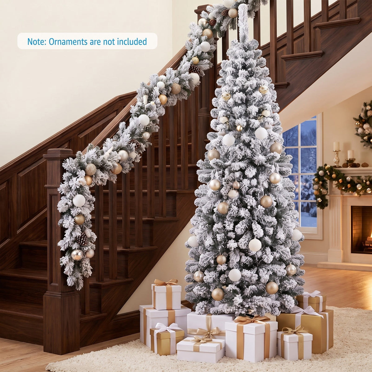 Airfind 6 Feet Unlit Hinged Snow Flocked Artificial Pencil Christmas Tree with 500 Branch Tip, PVC Metal Tree Height 6 ft Tree Width 2 ft Frame