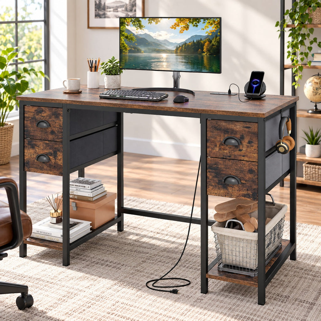 Airfind 48 Inches Computer Desk with Power Outlet Home Office Desk with 4 Fabric Drawers, 110 lbs Capacity, Engineered Wood Metal Fabric Frame