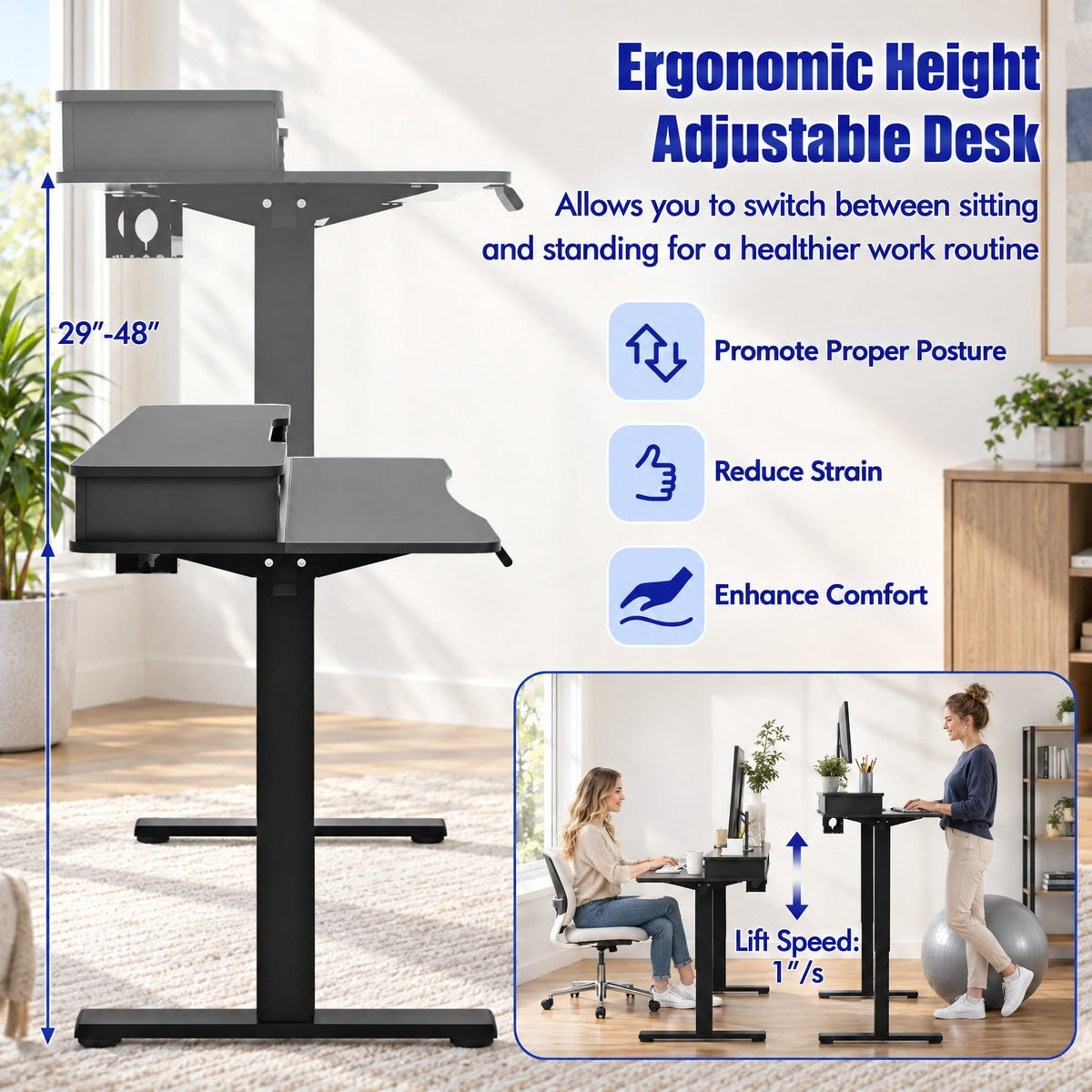 Airfind 48 Inch x 24 Inch Height Adjustable Electric Standing Desk with 2 Drawers, 200 lbs Capacity, Engineered Wood Metal Fabric Frame, Black