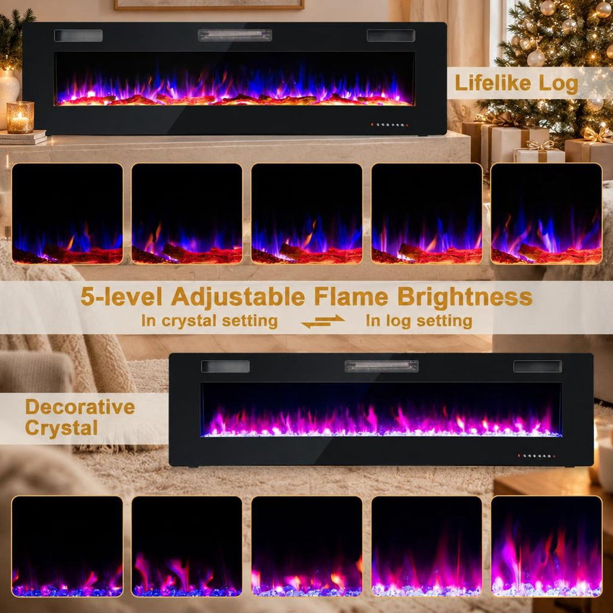 Airfind 68-Inch Electric Fireplace, Recessed or Wall Mounted, 12 Flame Colors, Remote, 1500W, for Living Room for Everyday Use, Black